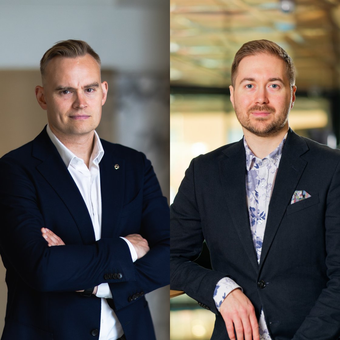 A photo of Atte Harjanne and Lauri Lavanti. Both are wearing a black jacket and shirt.