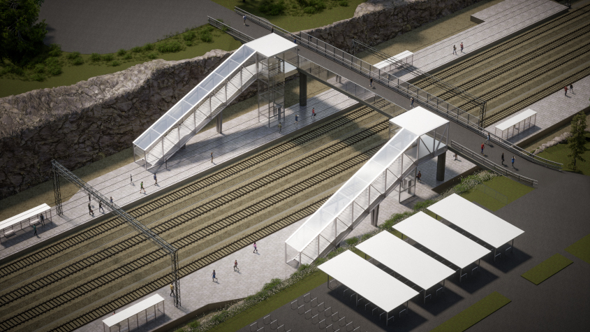 En visualisering av Länsirata Oy om hur Veikkola järnvägsstation skulle kunna se ut. Bilden visar spår, plattformar och en gångbro. Tagen från https://lansirata.sitowise.com/?link=Pysm6# den 8 december 2025.