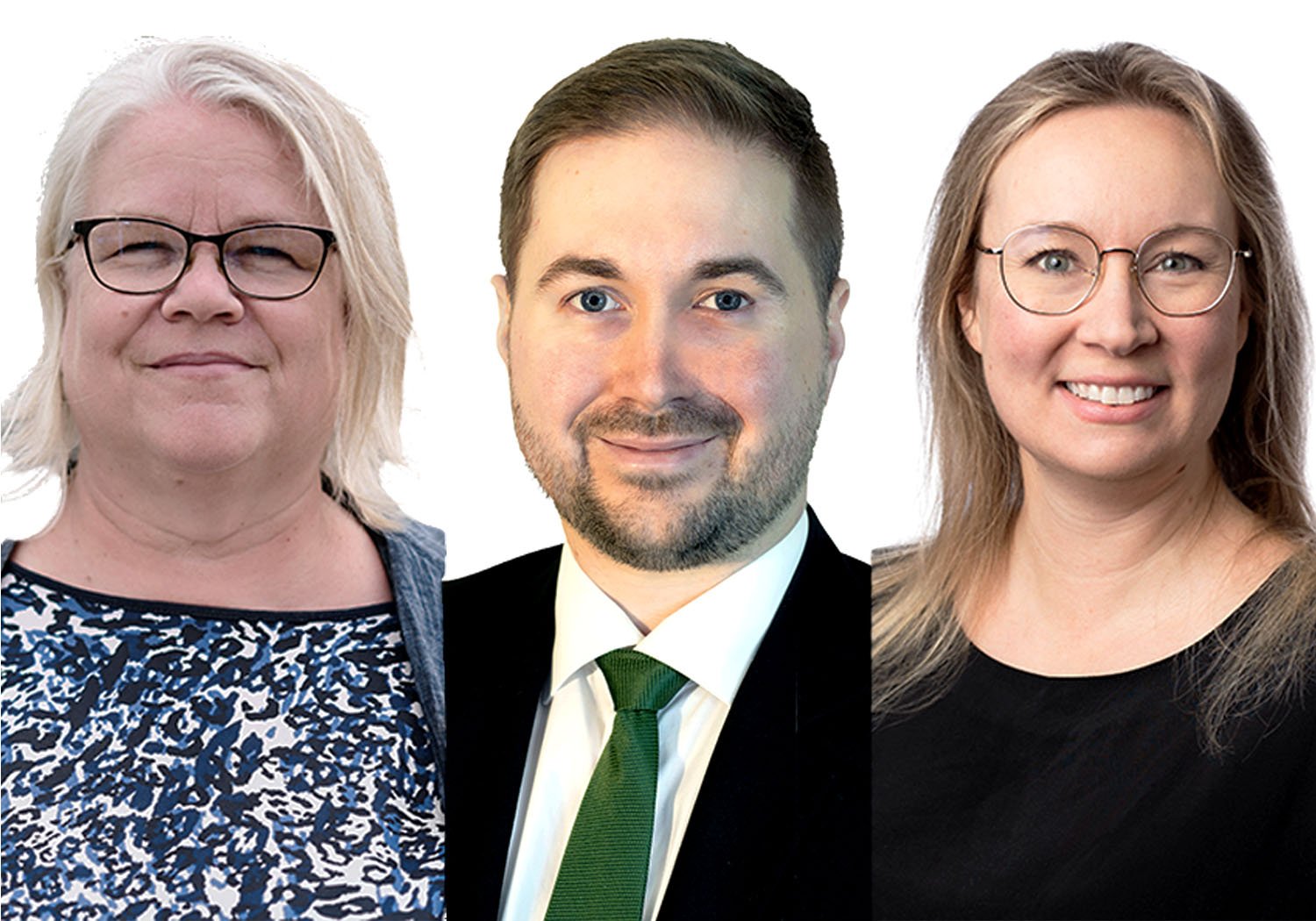 En triptyk: till vänster Johanna Fleming i ett blåvitt plagg, i mitten Lauri Lavanti i kostym och slips och till höger Paula Oittinen i en mörk tröja.