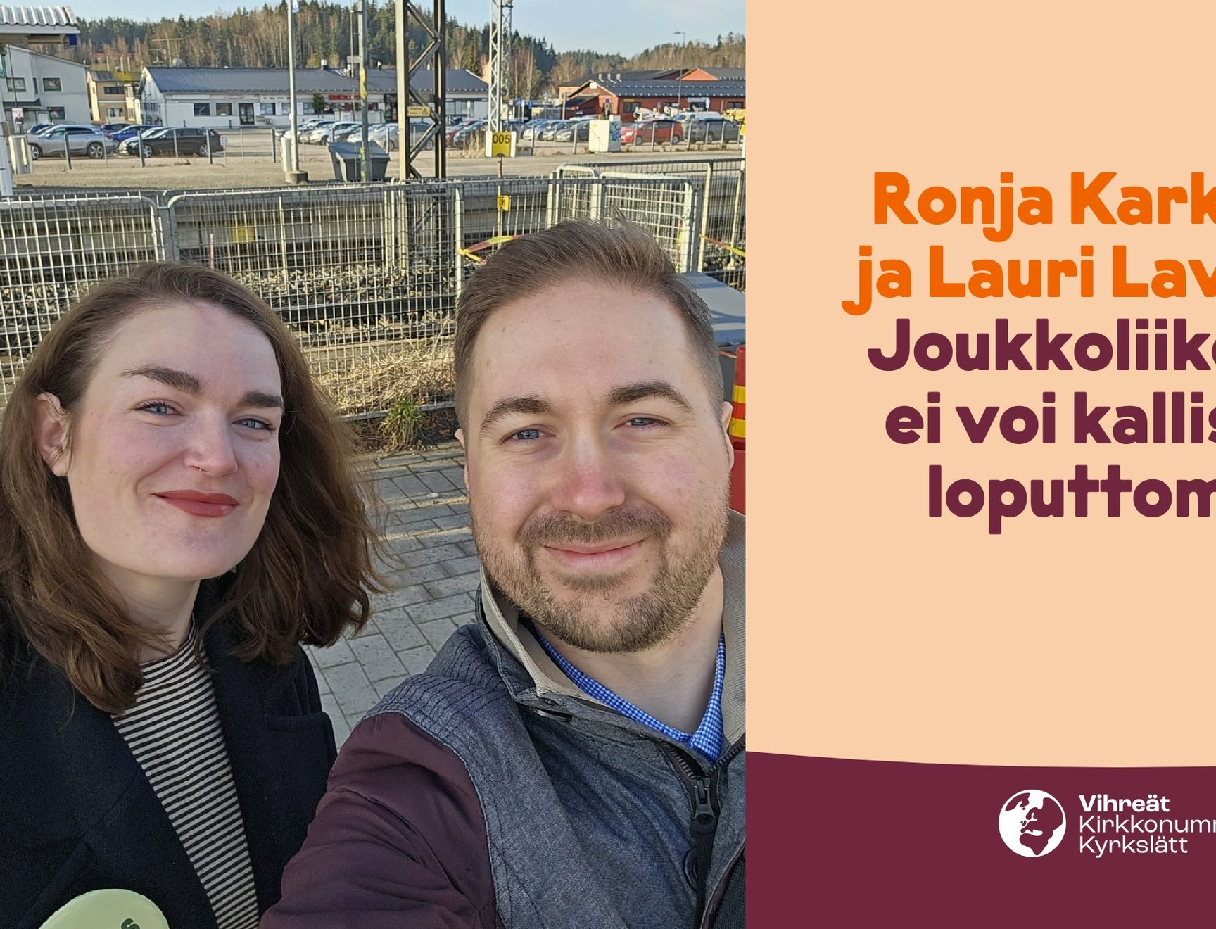 Ronja Karkinen and Lauri Lavanti at a railway station. On the right, the text "Public transport cannot keep getting more expensive".