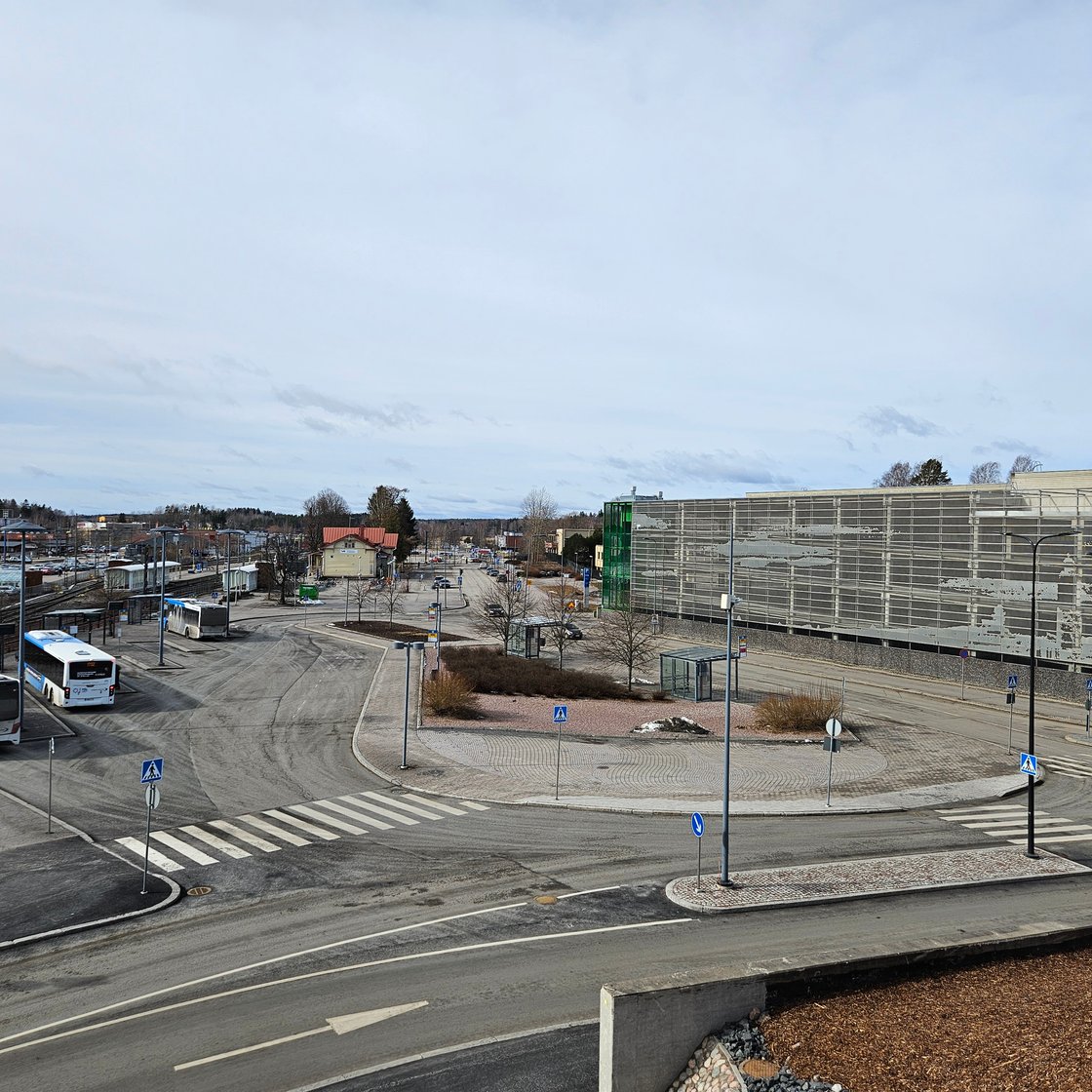 Kirkkonummi's railway and bus station, with the multi-storey car park visible beside it.