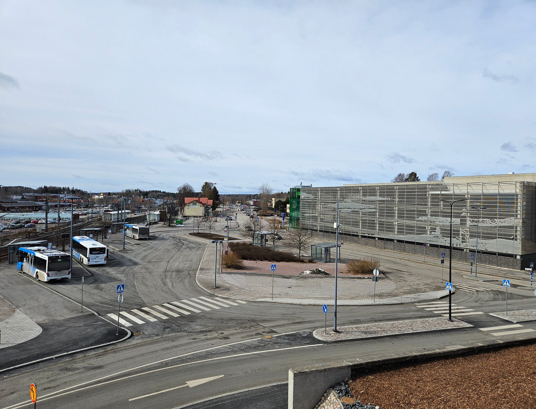 Kirkkonummi's railway and bus station, with the multi-storey car park visible beside it.