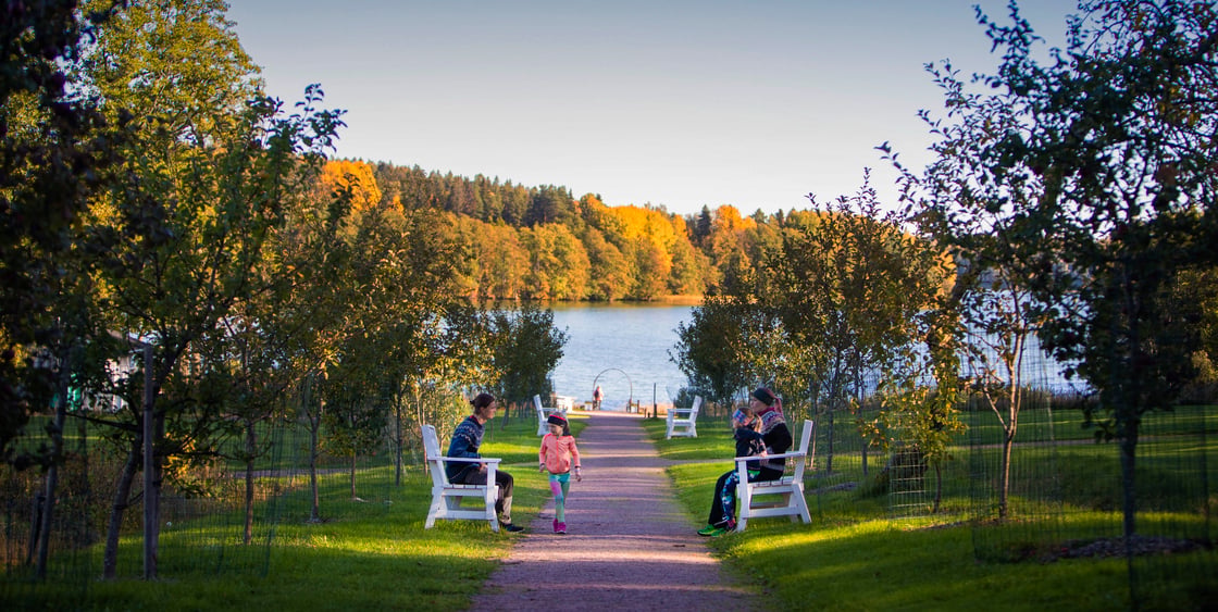 Kuva Wohls Gårdin rannalta. Kuvassa hiekkatie rannalle, jonka varrella muutamia valkoisia penkkejä. Kahdella penkillä istuu ihmisiä, hiekkatiellä kävelee lapsi.