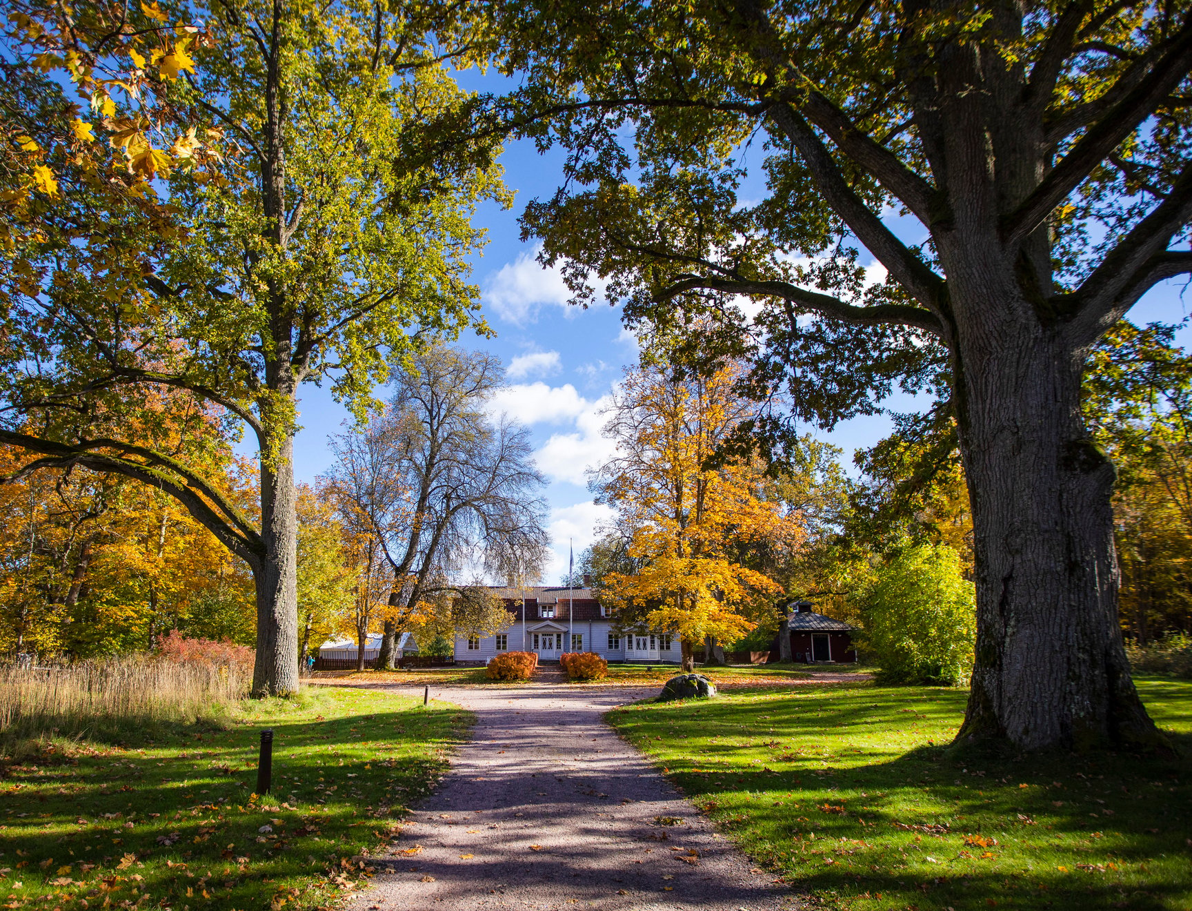 A gravel path leading to a white house.