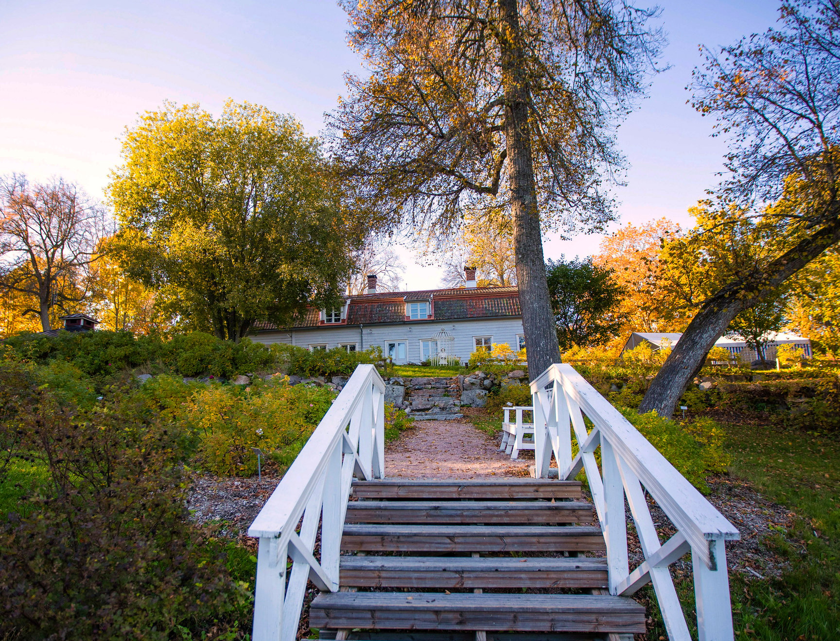 White outdoor steps leading to a path that goes to a house.