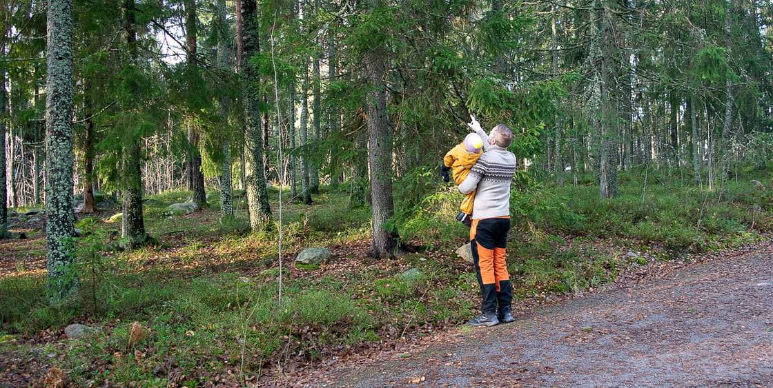 Lauri Lavanti osoittamassa puita lapselle, joka on hänen sylissään.