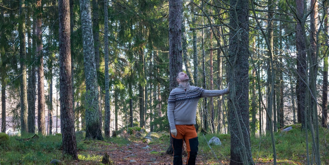 Lauri Lavanti retkeilyvaatteissa metsässä, nojaa puuhun ja katsoo ylös sen runkoa.