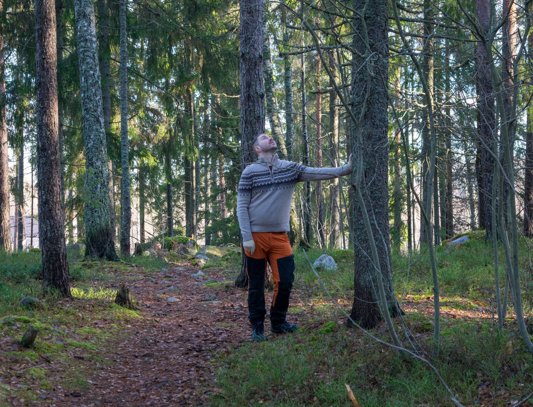 Lauri Lavanti i friluftsklädsel i en skog, lutar sig mot ett träd och tittar uppåt längs stammen.