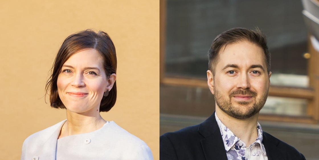 Kansanedustaja Mari Holopainen ja Lauri Lavanti hymyilevät vierekkäisissä muotokuvissa.