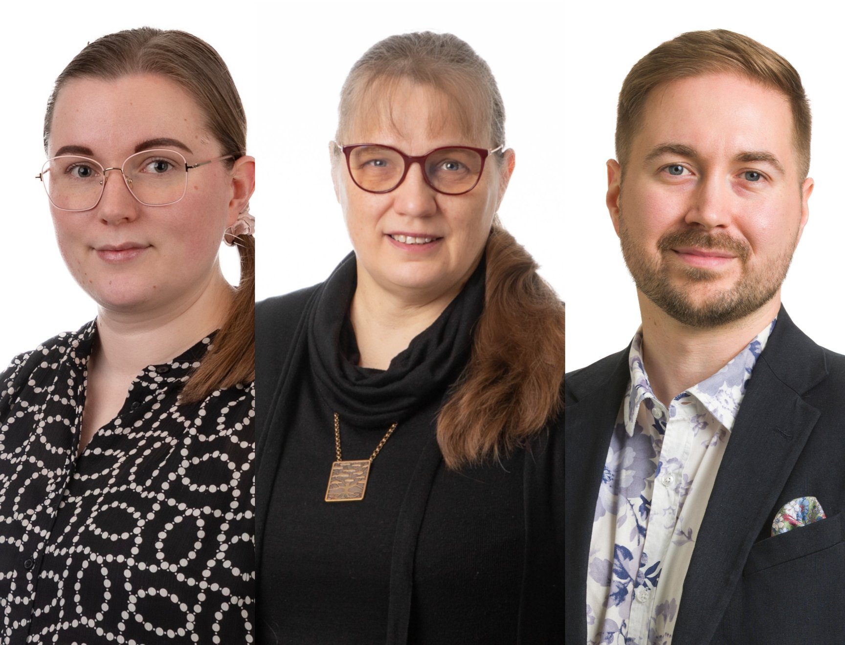 Triptyykki, jossa vasemmalla Pinja Pekkarniemi mustavalkokuvioisessa paidassa, keskellä Mervi Somervuori mustassa asussa ja oikealla Lauri Lavanti tummassa puvussa ja kukkakuvioisessa paidassa.