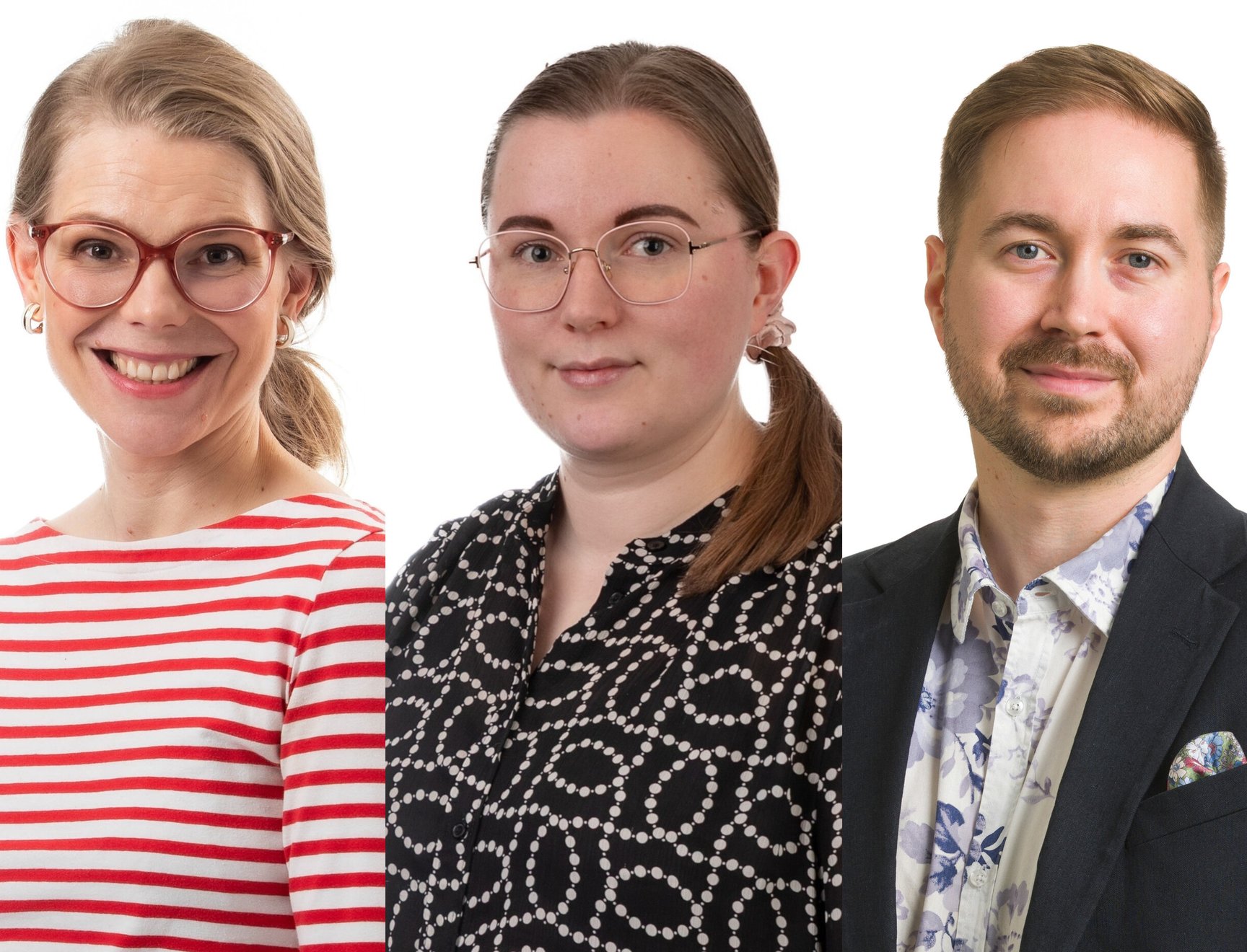 Kolmiosainen kuva, jossa vasemmalla Sanni Jäppinen punavalkoraidallisessa paidassa, keskellä Pinja Pekkarniemi mustavalkokuvioisessa paidassa ja oikealla Lauri Lavanti tummassa puvussa ja kukkakuvioisessa paidassa valkoisella taustalla.