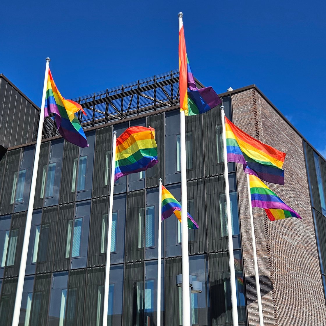 Rainbow flag flying at the Kirkkonummi municipal hall in June 2026.