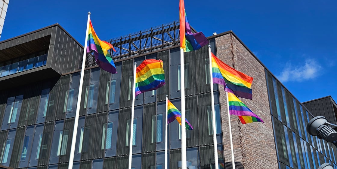 Sateenkaarilippu liehuu Kirkkonummen kunnantalon lipputangossa kesäkuussa 2026.