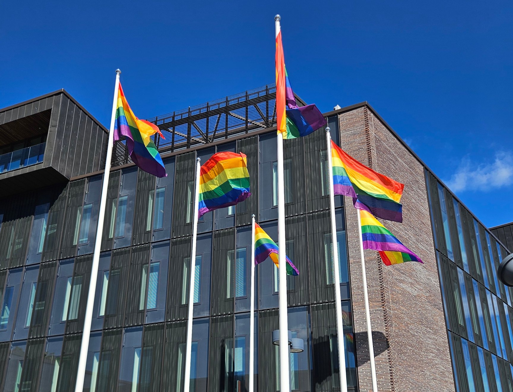 Regnbågsflaggan vajar vid Kyrkslätts kommunhus i juni 2026.
