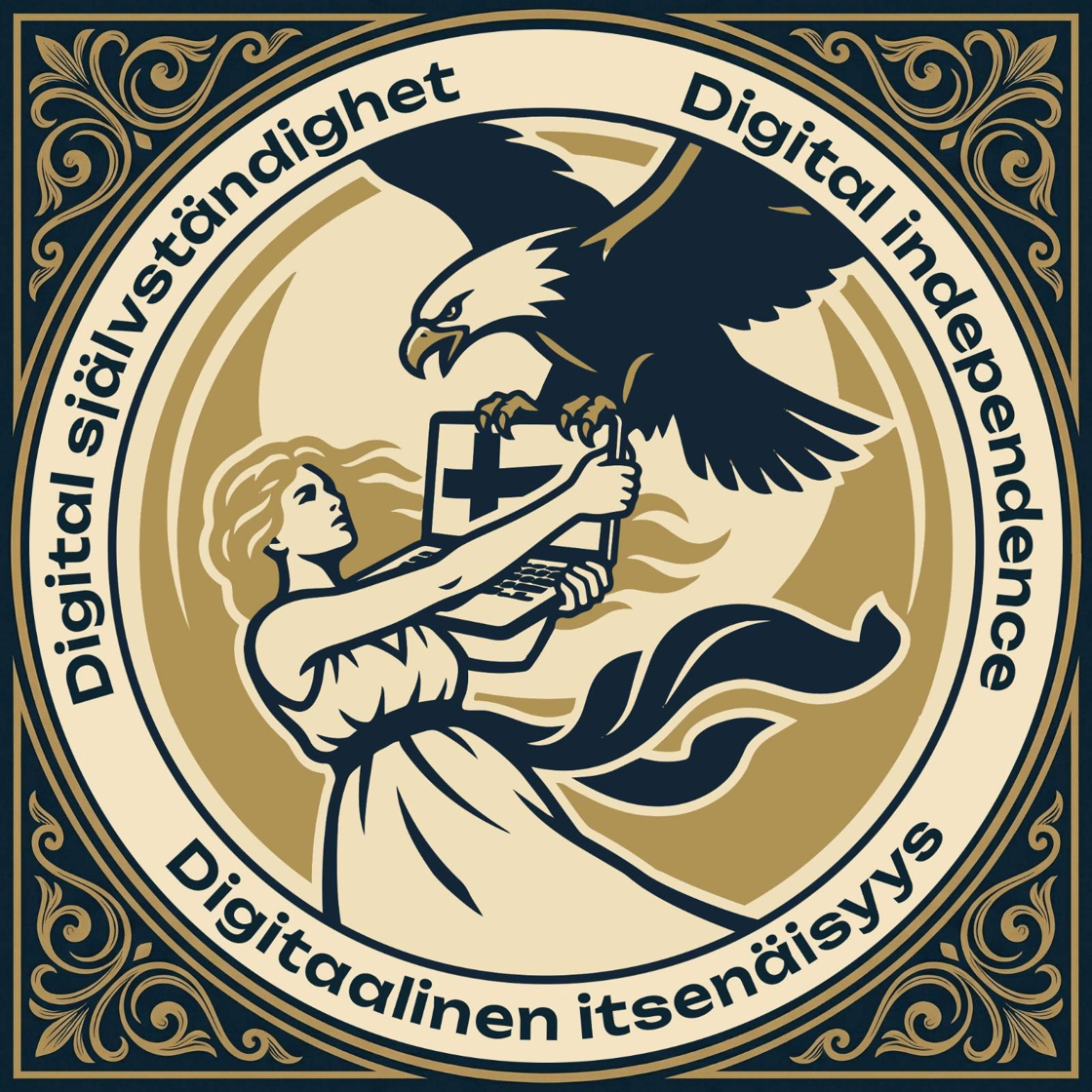 A cartoon image showing a blonde woman holding a laptop computer. The Finnish flag is displayed on the computer screen. A bald eagle is attempting to snatch the computer from the woman. The image is surrounded by text that reads 'Digital independence', 'Digitaalinen itsenäisyys' and 'Digital självständighet'. Copyright for the image belongs to the Digital Independence citizens' initiative.