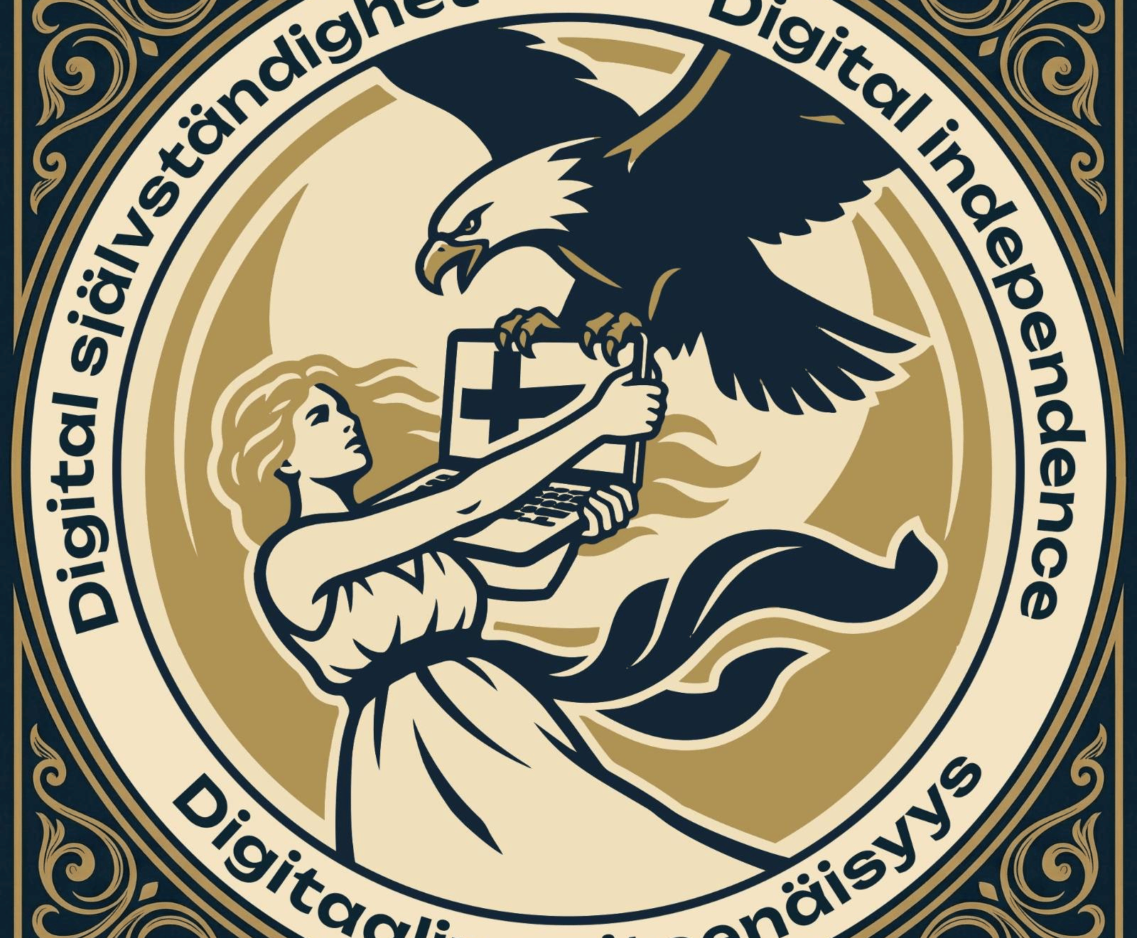 A cartoon image showing a blonde woman holding a laptop computer. The Finnish flag is displayed on the computer screen. A bald eagle is attempting to snatch the computer from the woman. The image is surrounded by text that reads 'Digital independence', 'Digitaalinen itsenäisyys' and 'Digital självständighet'. Copyright for the image belongs to the Digital Independence citizens' initiative.
