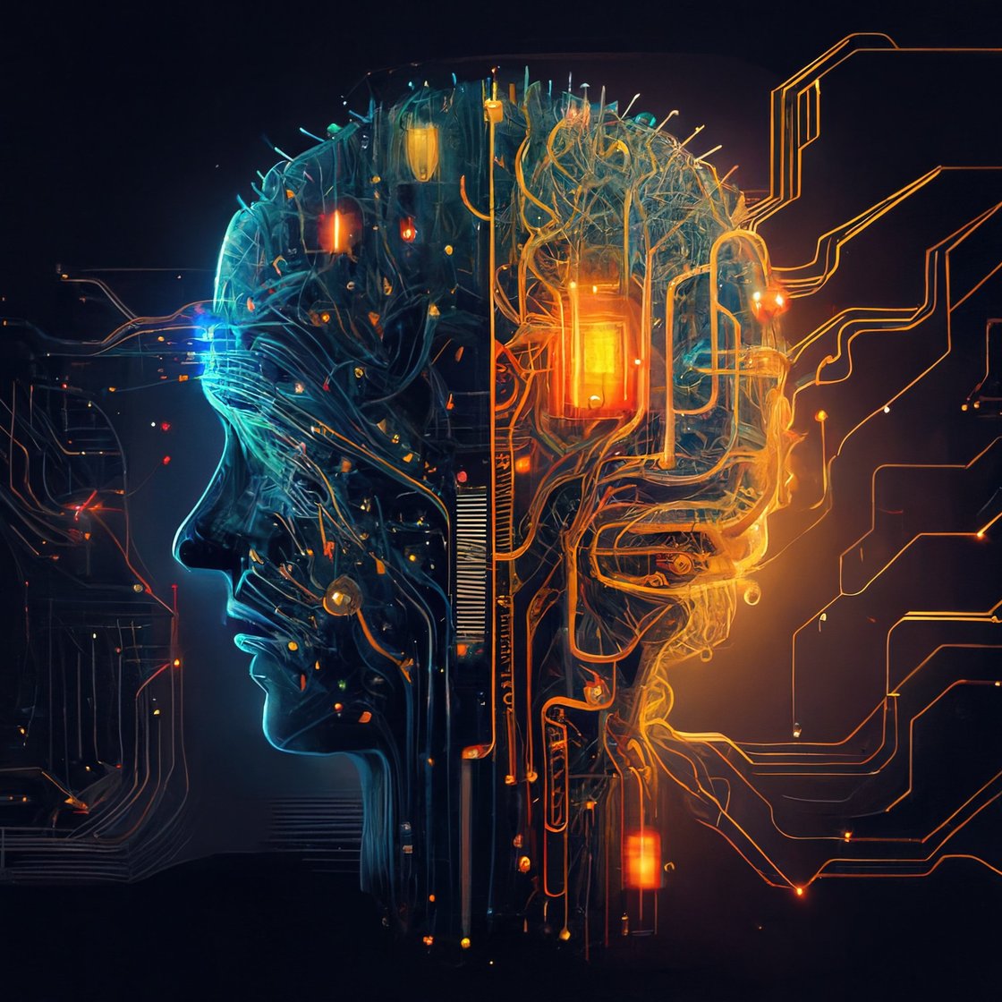 An illustrative image for artificial intelligence, depicting a machine resembling a human head with various electronic currents flowing in and out of it.