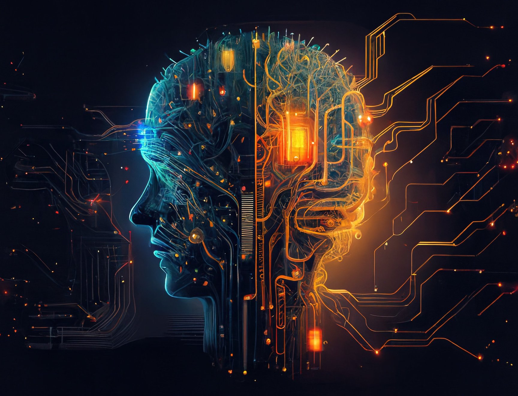 An illustrative image for artificial intelligence, depicting a machine resembling a human head with various electronic currents flowing in and out of it.