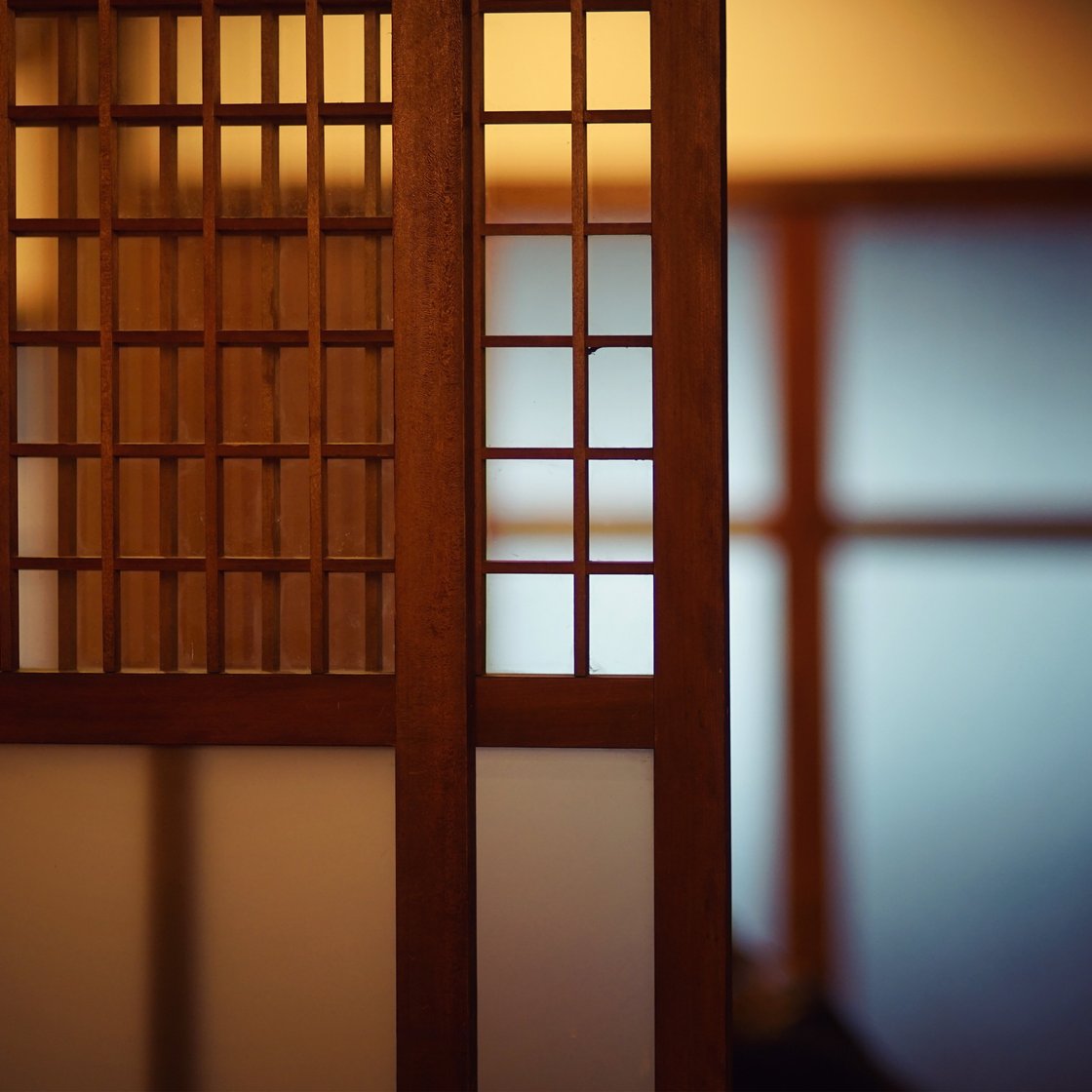 A Japanese-style screen behind which a room is visible in soft focus.
