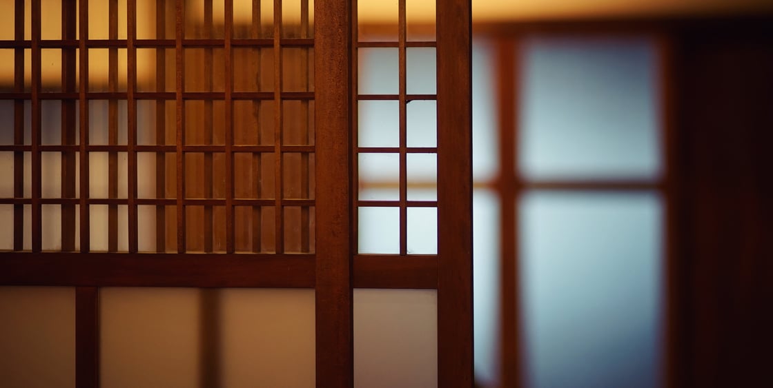 Kuva japanilaistyylisestä sermistä, jonka takana näkyy sumeasti huone.