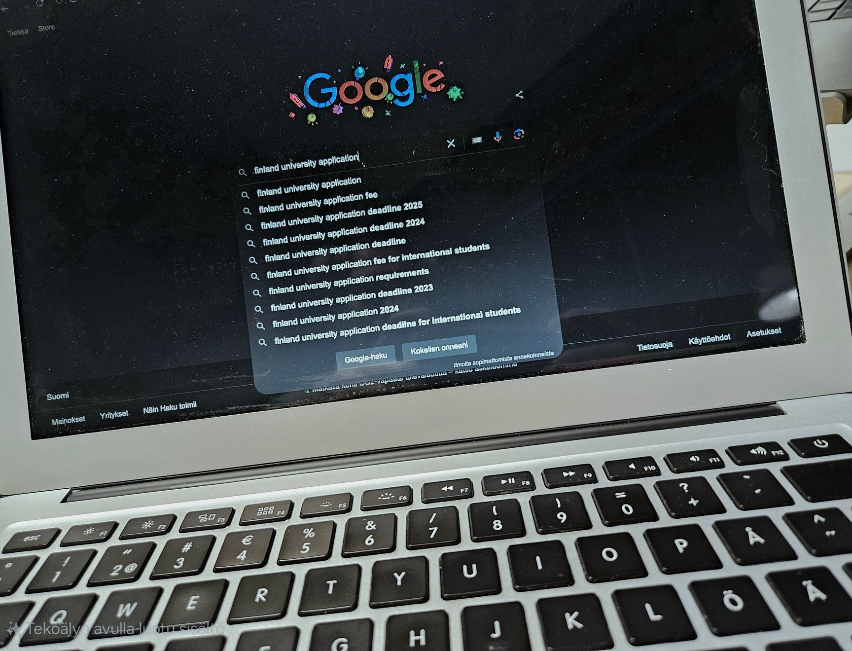 A laptop screen with Google open and the search "Finland university application".